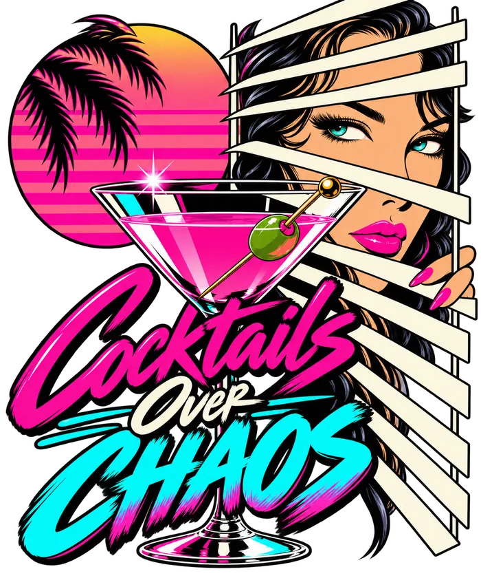 Neon illustration of a woman in sunglasses peeking through window blinds, holding a cocktail
