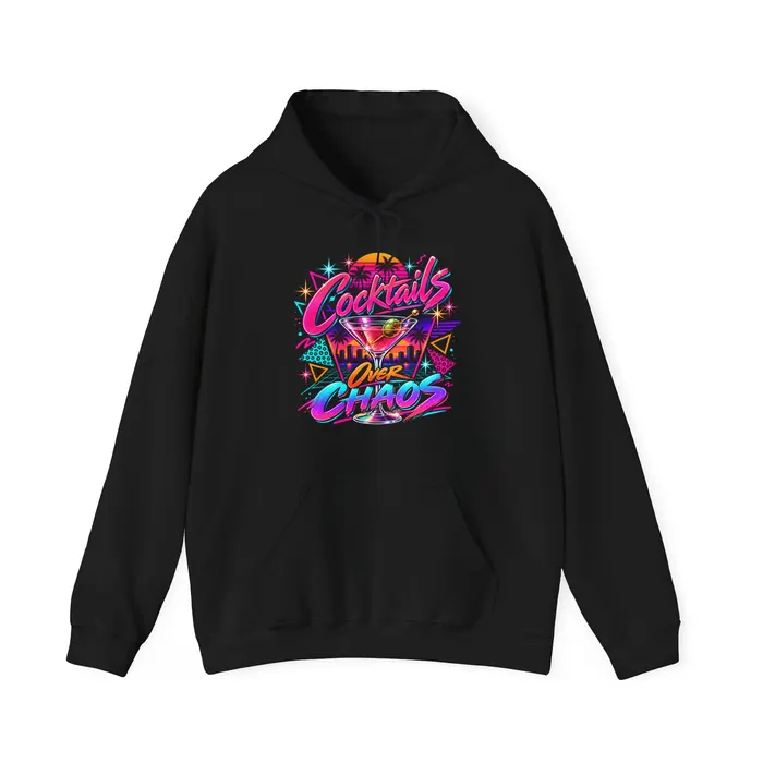 Black Cocktails Over Chaos hoodie with the neon logo