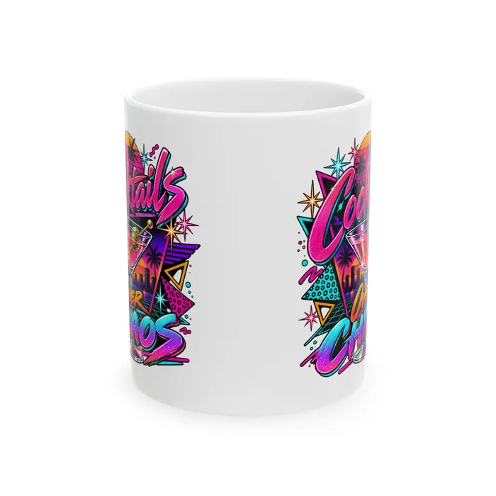 White Cocktails Over Chaos mug with neon artwork