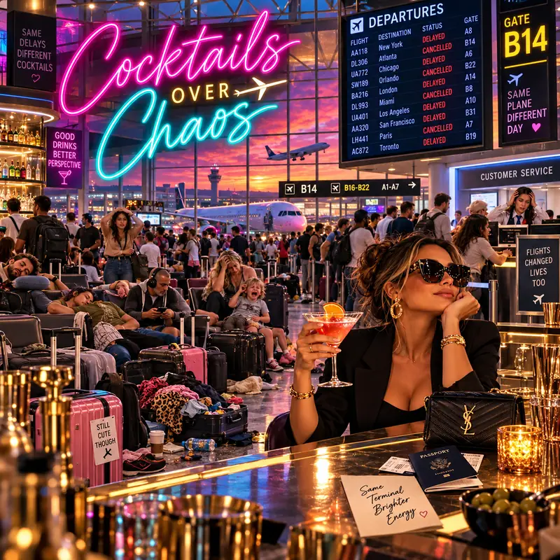 A woman calmly sipping a cocktail at an airport bar while a crowd waits under a board of delayed flights