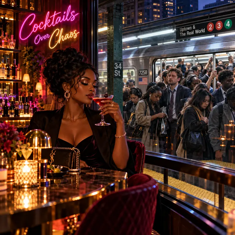 A woman calmly sipping a cocktail at a bar beside a packed transit station