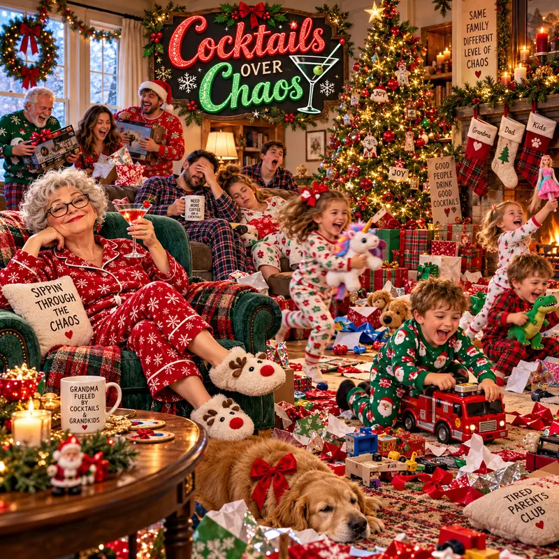 A chaotic family holiday scene with kids, wrapping paper and a Christmas tree