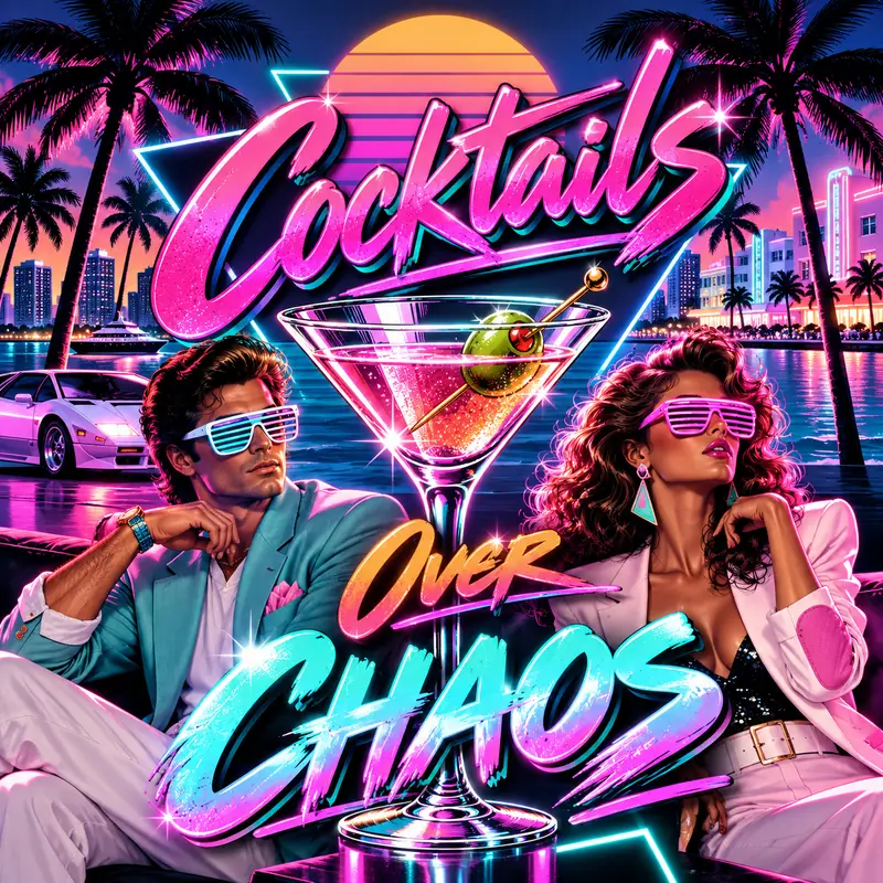 An 80s couple in sunglasses with cocktails in front of a neon sunset and palm trees