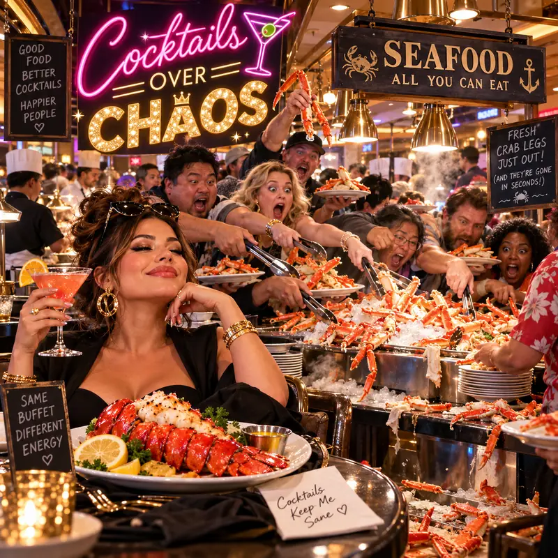 A woman relaxing with a cocktail and lobster while a seafood buffet crowd scrambles behind her