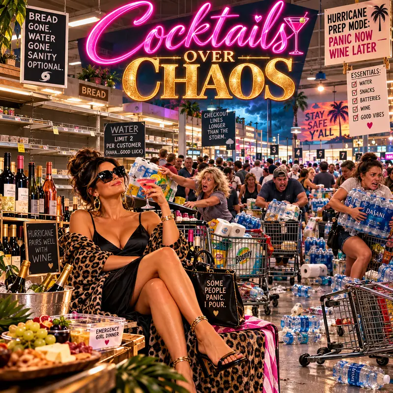 A woman lounging with a drink in a grocery store as shoppers fight over bread and milk before a storm