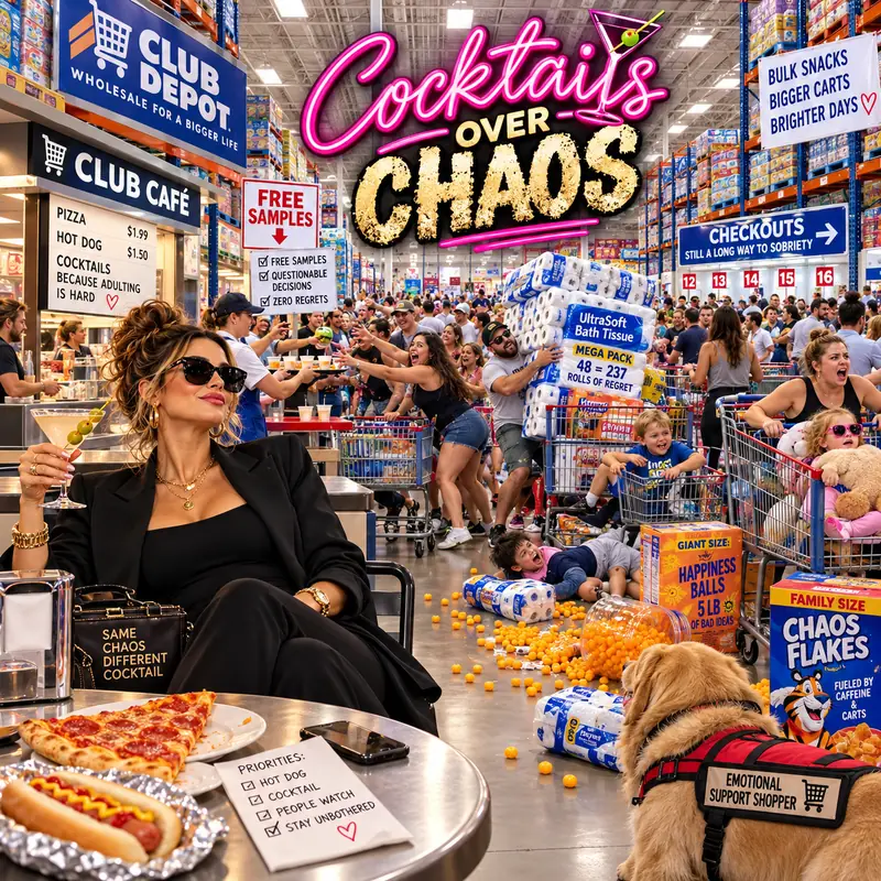A woman in sunglasses relaxing with pizza and a drink while a warehouse club store is packed with shoppers
