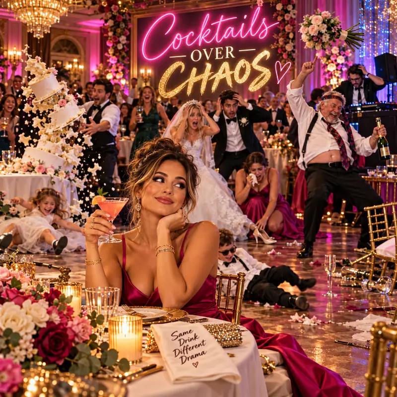 A guest calmly holding a cocktail while a wedding reception descends into chaos