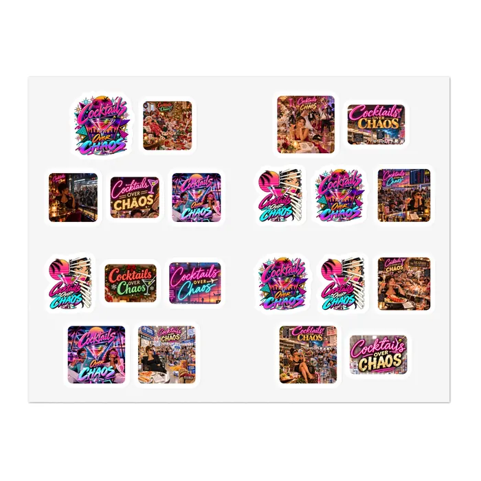Cocktails Over Chaos sticker sheet with 20 neon stickers