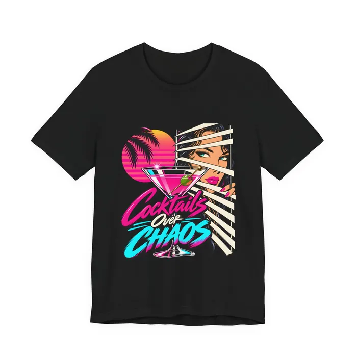 Black Cocktails Over Chaos t-shirt with the neon blinds artwork